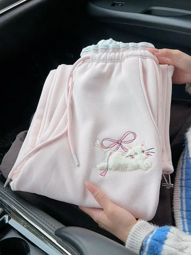 

Sweet Korean Sle Knot Dstring Elastic Waist Casual Pants Spring Autumn Loose Slimming Long Trousers for Women