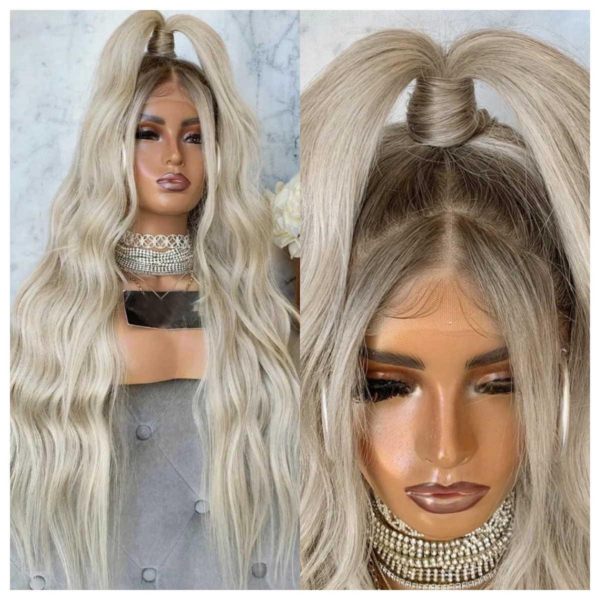 

Ombre Ash Blonde Синтетический парик из волос 13x4 HD Парик фронтальной части шнурка Ash Platinum Blonde Объемная волна Волосы Парик шнурка 30-дюймовая часть парика шнурка