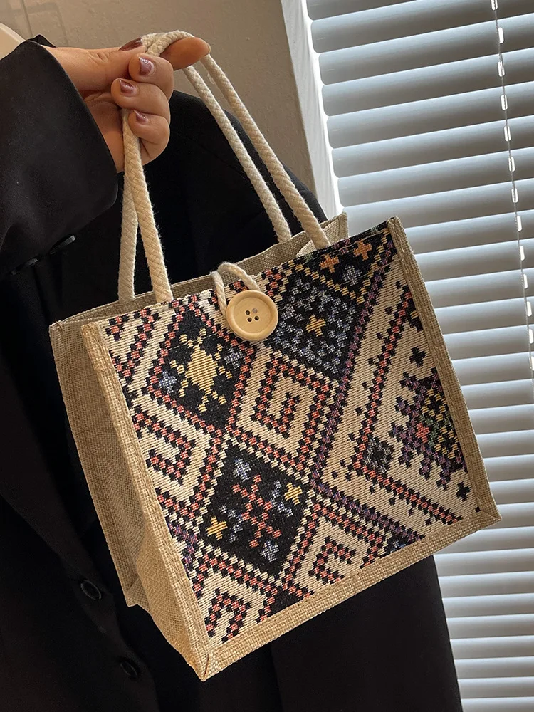 

Ethnic Style Canvas Bag Women's Summer New Fashion Go Out Portable Linen Lunch Box Bento Bag Hand Carry Mommy Bag