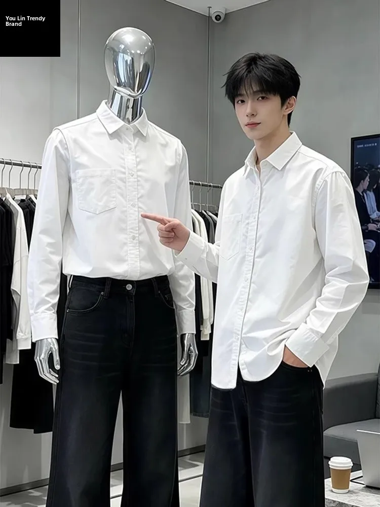 

Teenage Style White Long Sleeve Shirt Men's Fashionable Neapolitan Shirt Inner Wear Korean Style Suit Casual Streetwear