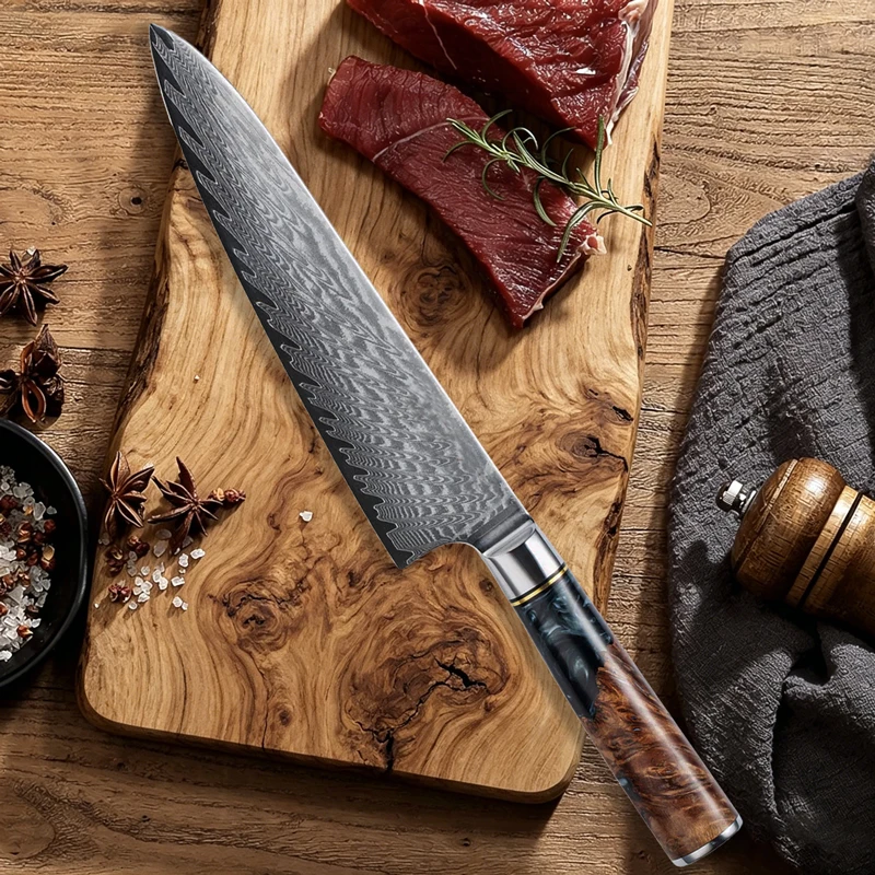8 inch Professional Kitchen Chef Knife Damascus Steel Sharp Premium Black Resin and Colored Wooden Handle Cooking Knife