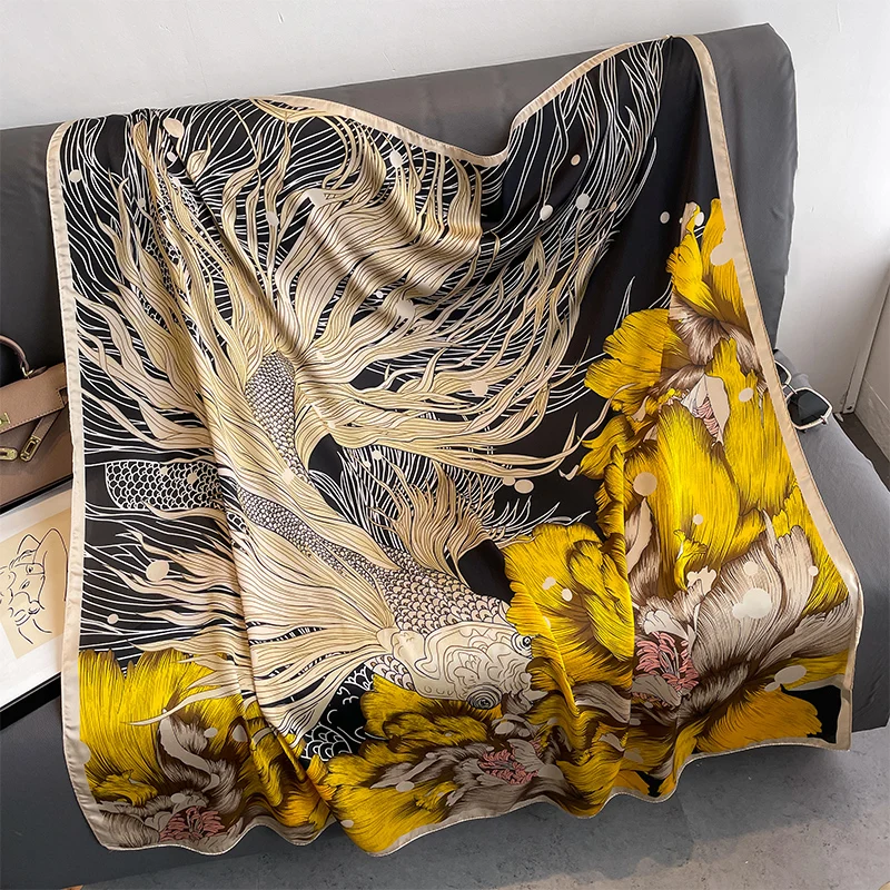 110x110cm Women Silk Square Scarf Hijab Female Design Print Lady Shawl Wraps Foulard Headbands Bufanda Large Bandana Luxury 2023
