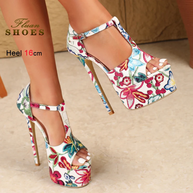 

Mixed Color Printed Stripper Women's Sandals Round Toe Thin Heels 16cm Platform Ankle Belt Buckle Strap Ladies Pumps Party Shoes