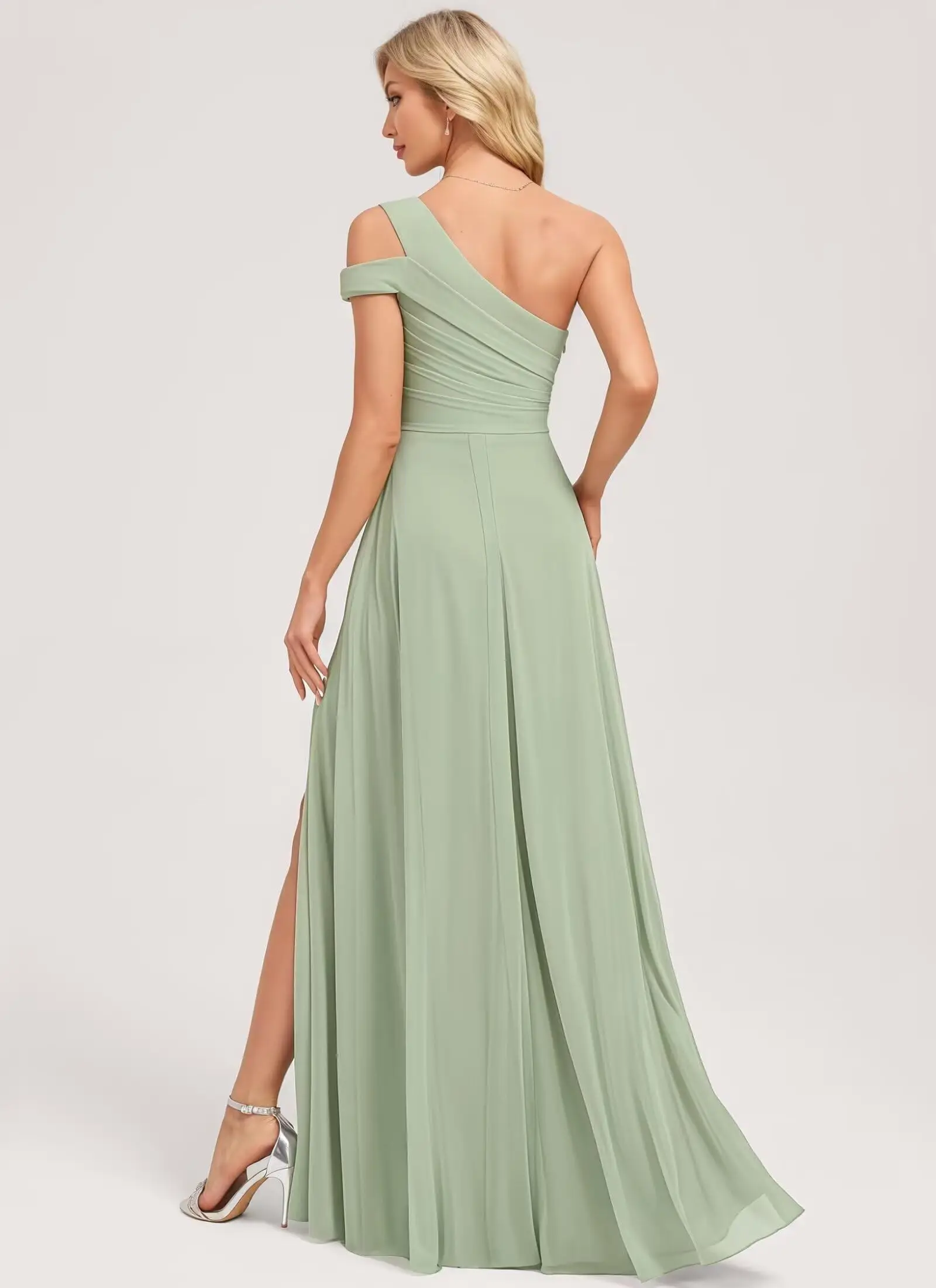 Abiti da damigella d'onore a pieghe monospalla da donna lunghi con abito formale in chiffon senza maniche con spacco a volant Abiti da damigella d'onore