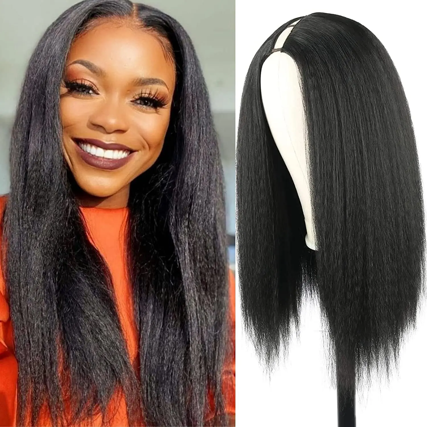 

Black Yaki Kinky Straight V Part Wig for Black Women Long Kinky Straight V/U Part Wig Clip In Hair Extensions for Women Syntheti