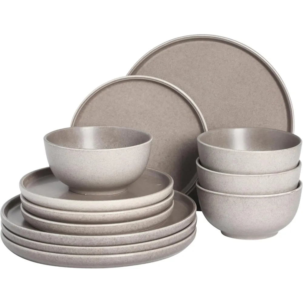 

12-Piece Dinnerware Set with Reactive Glaze Stoneware Plates and Bowls for 4, Round Ceramic Serving Dishes