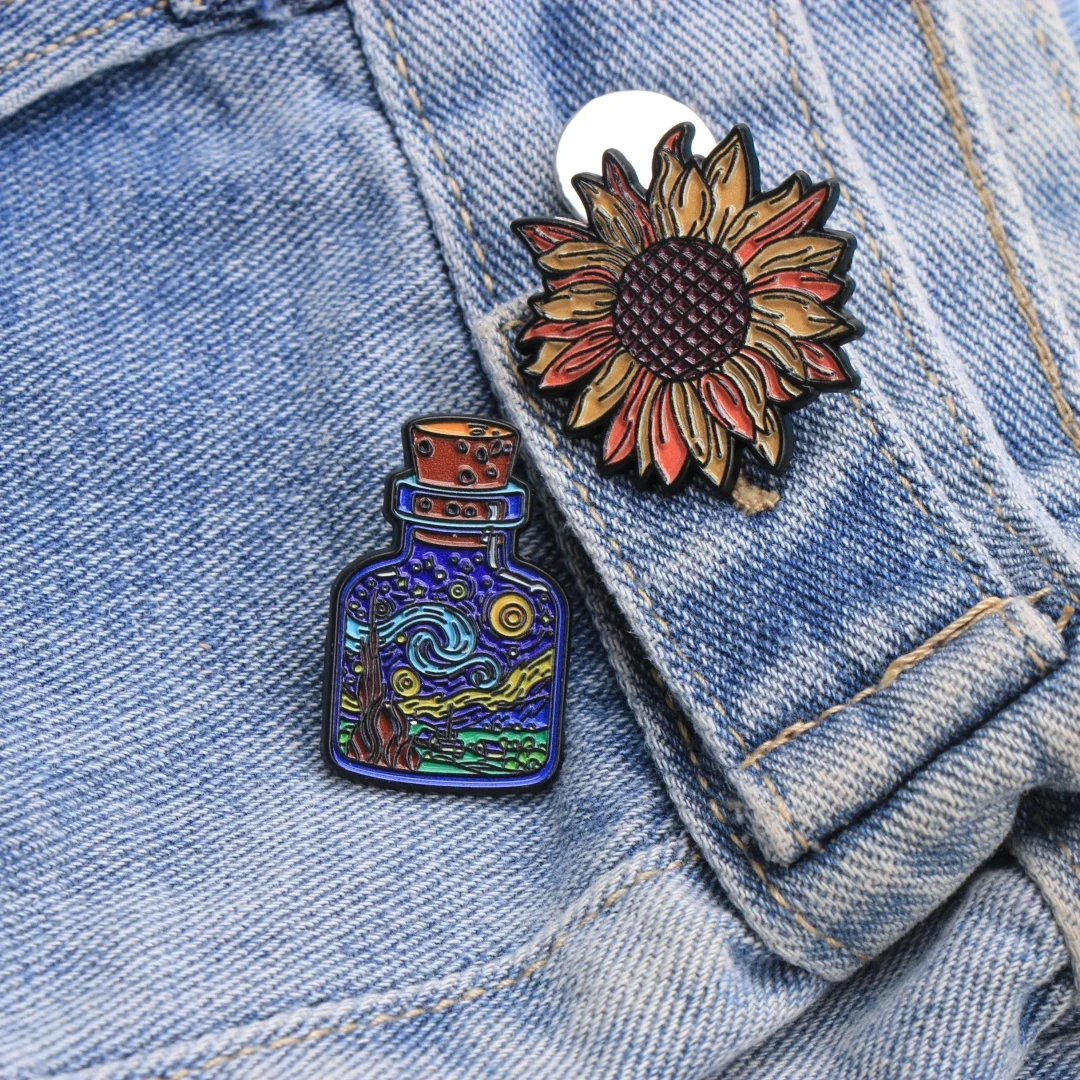 Starry Night Bottle & Sunflower Enamel Pins - Artistic Lapel Badges for Backpack & Jacket DIY Jewelry Gift