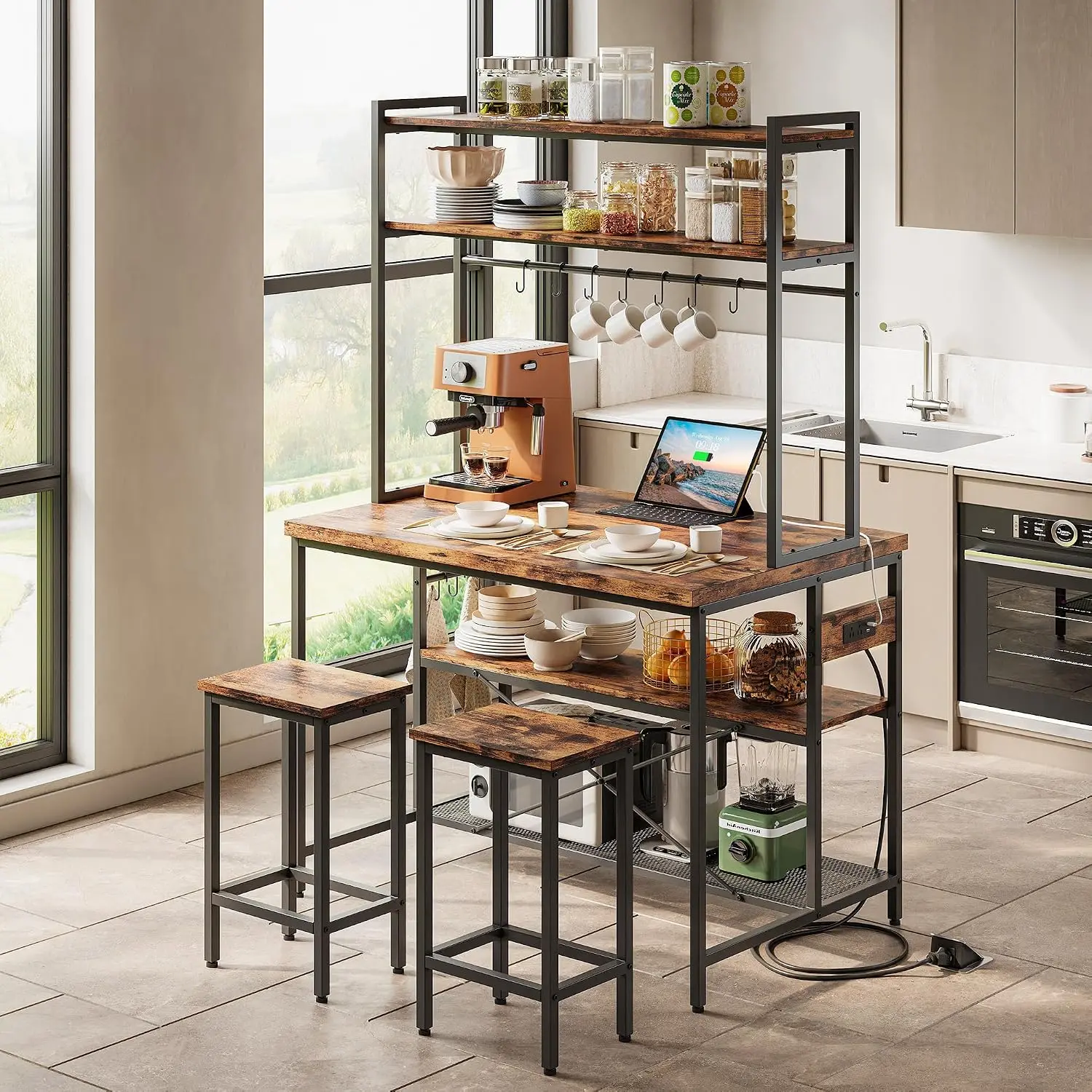 Industrial Kitchen Island Stools Power Outlet Baker Rack Storage Coffee Bar Table Dining Living Room 10 Hooks, Customized