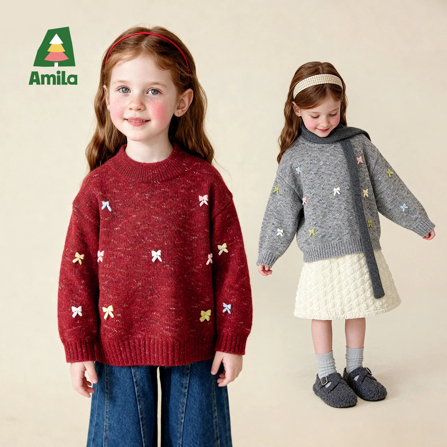 

Детский зимний свитер Amila для девочек с круглым вырезом и узлом-бабочкой, изысканная вязаная ткань с вышивкой, милый и теплый свитер