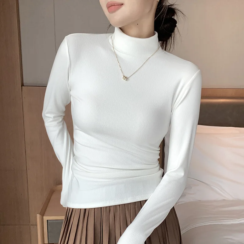 Mock Neck Knit Shirt 2023 Women\'s Autumn Winter Solid Basic Bottoming Sweater Soft Elastic Pullover Warm Solid Slim Fit Top