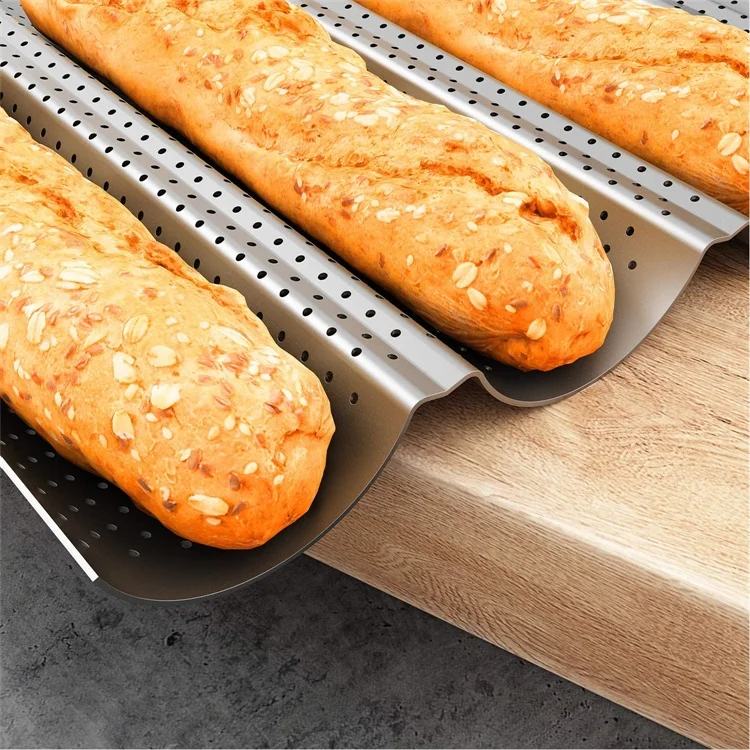 1 STÜCK Antihaft-Perforierte Backform für französisches Brot, Baguette-Pfanne aus Kohlenstoffstahl, französisches Brot, 4 Wellen, Laib-Backform, Küchenablage