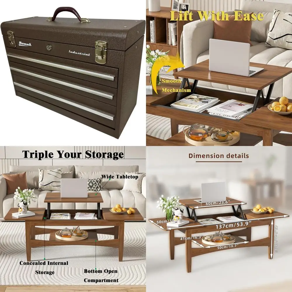 rectangular wooden lift-top coffee table with concealed storage and mid-century style