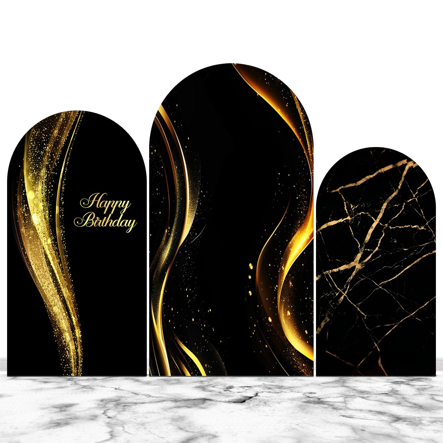 Abstract Marble Arch Cover Background for Adult Happy Birthday Party Luxury Golden Texture Art Wall One-sided Arched Backdrop