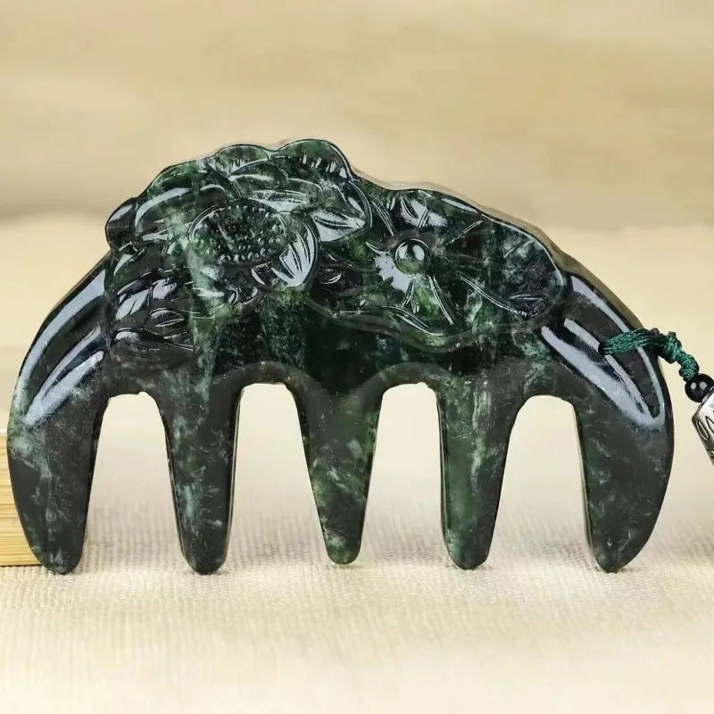 Natural Serpentine Jade Comb, Tibetan Jade Medicine King Stone Part Massage, Five-tooth Thickening Health Care Jade Comb