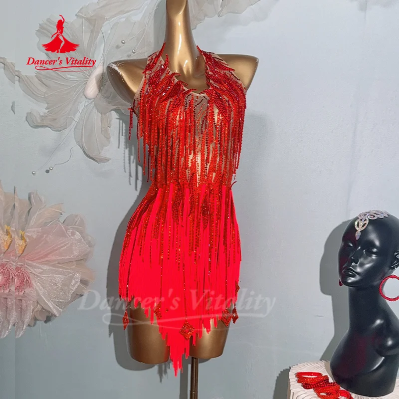 Vestidos de dança latina para mulheres, vestido personalizado com pedras ab, franjas, costas nuas, para adultos e crianças, trajes de performance