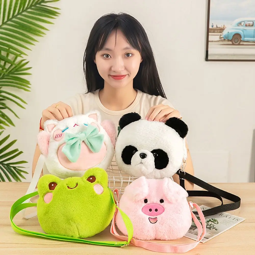 Cute Plush Panda Crossbody Bag Women Winter Warm Fluffy Messenger Bag Mobile Cartoon Pig Cat Phone Pouch Ladies Travel Purses