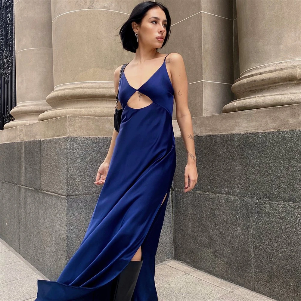 

Customized Simple Blue Satin Evening Dress Fashion Spaghetti Straps Backless Open Back Homecoming Dress Soft Prom Dress