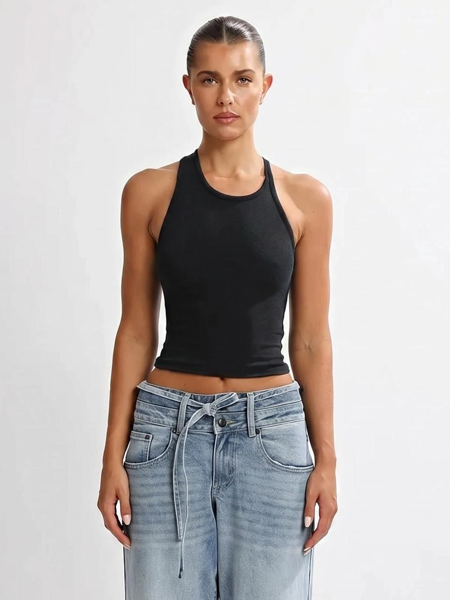 Sexy Asymmetric Design U-Neck Top with Chest Pad Breathable Hollow out Short Sleeve Women's Tank Top Outerwear for Summer 2026