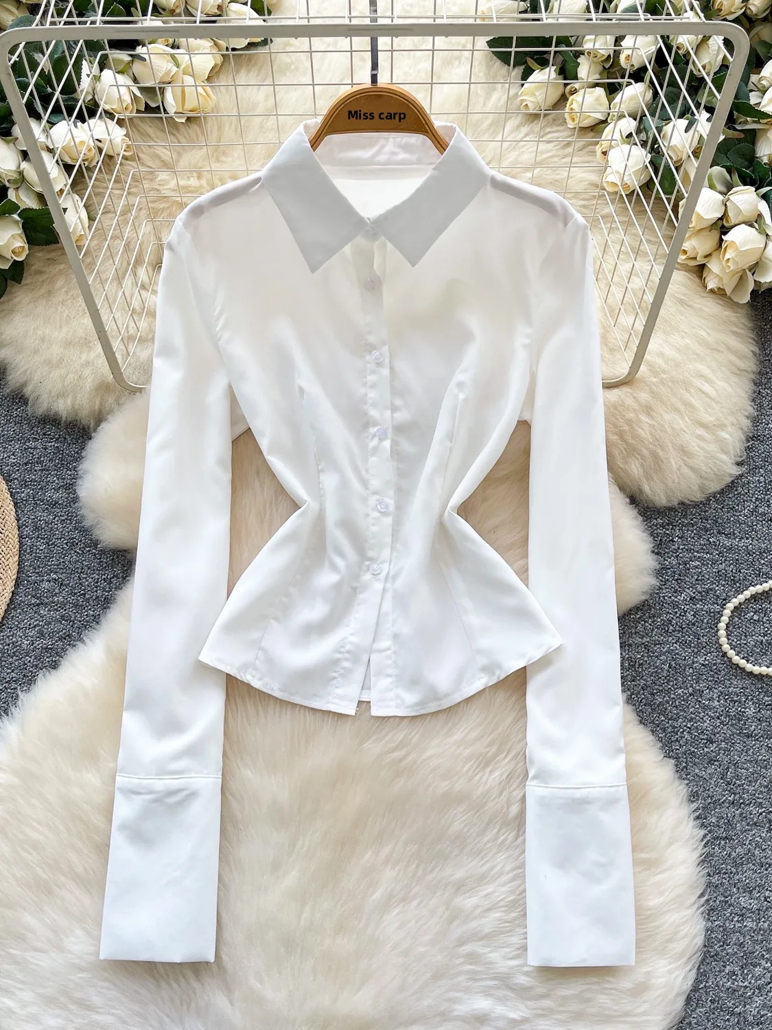 

Chic Waist-Cinching Slim Fit irt for Women Sli Breathable Polyester Fiber Long Sve Pure Color Commute Friendly