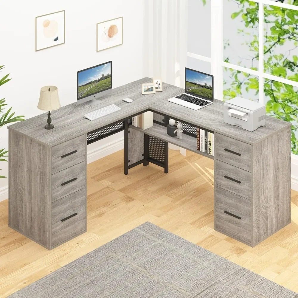 

Large L Shaped Desk with Storage File Cabinet，Corner L-Shaped Computer Desk with Drawers Shelves