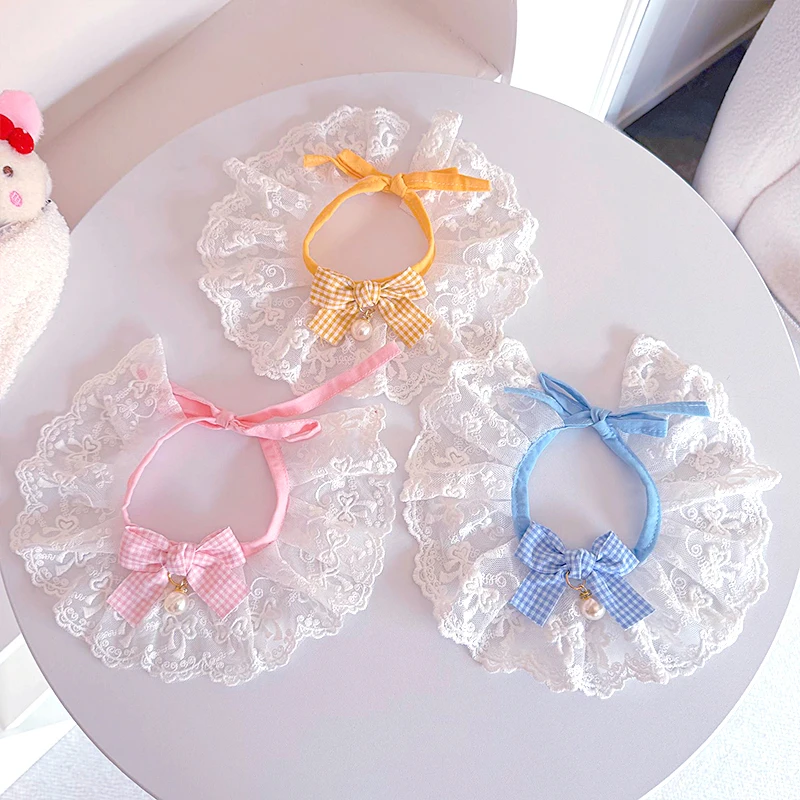 Laço oco menina filhote de cachorro pescoço colar chihuahua pequeno cão treliça laço bandagem babador para gatos pérola decorar pet cão colar
