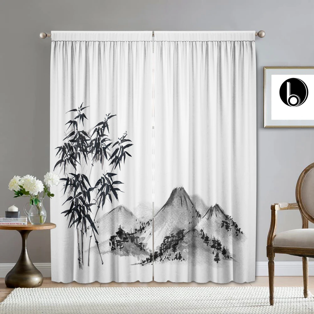 2PC Home Decoration Curtains, Bamboo Landscape Painting With Pole Bag Curtains, Kitchen,Coffee Shop, Living Room, Balcony