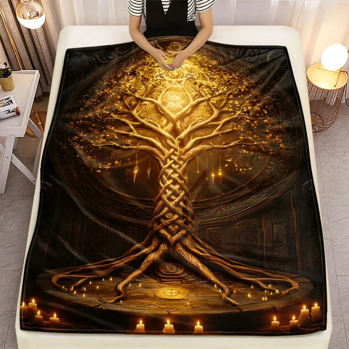 1pc Golden Tree of Life Celtic Symbol Flannel Blanket Spiritual Art Bed Cover Mystical Design Home Decor Gift for Yoga Lovers