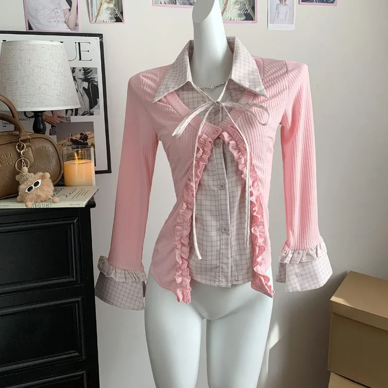 

Рубашка в стиле ретро для девочек в студенческом стиле, свитер, осень 2025 г., новый дизайн, тонкое тело