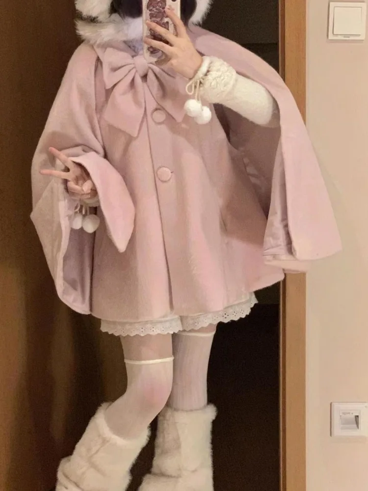 

Japanese Women Y2k Aesthetic Single Breasted Coats Lolita Sweet Bears Ears Hooded Cloak Jackets Harajuku Kawaii Solid Bow Jacket