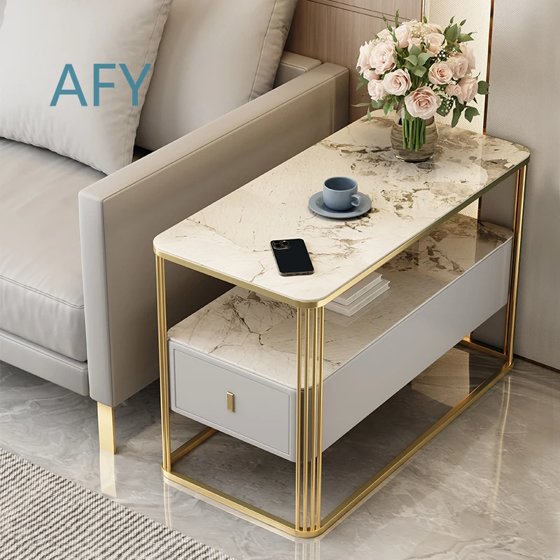 Modern Minimalist Side Table for Sofa Living Room Small Coffee Table with Storage Compartment Rock Slab End Table Luxury