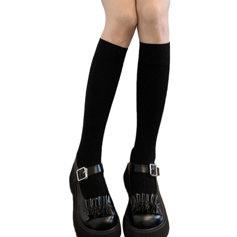 M2EA Preppy Style Women Knee High Socks Sweet Milky White Black Vertical Striped Solid Color Uniform Thin Slim Calf Stockings