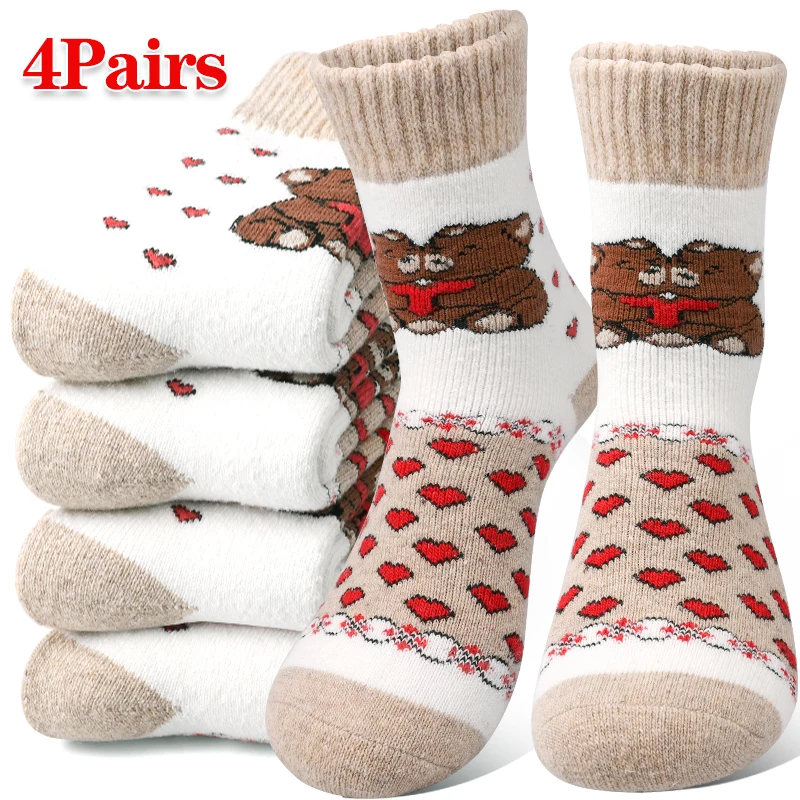 

4 пары женских носков с принтом медведя и сердца, зимний плюшевый комплект до середины икры на флисовой подкладке для повседневного активного отдыха и снега, женский подарок