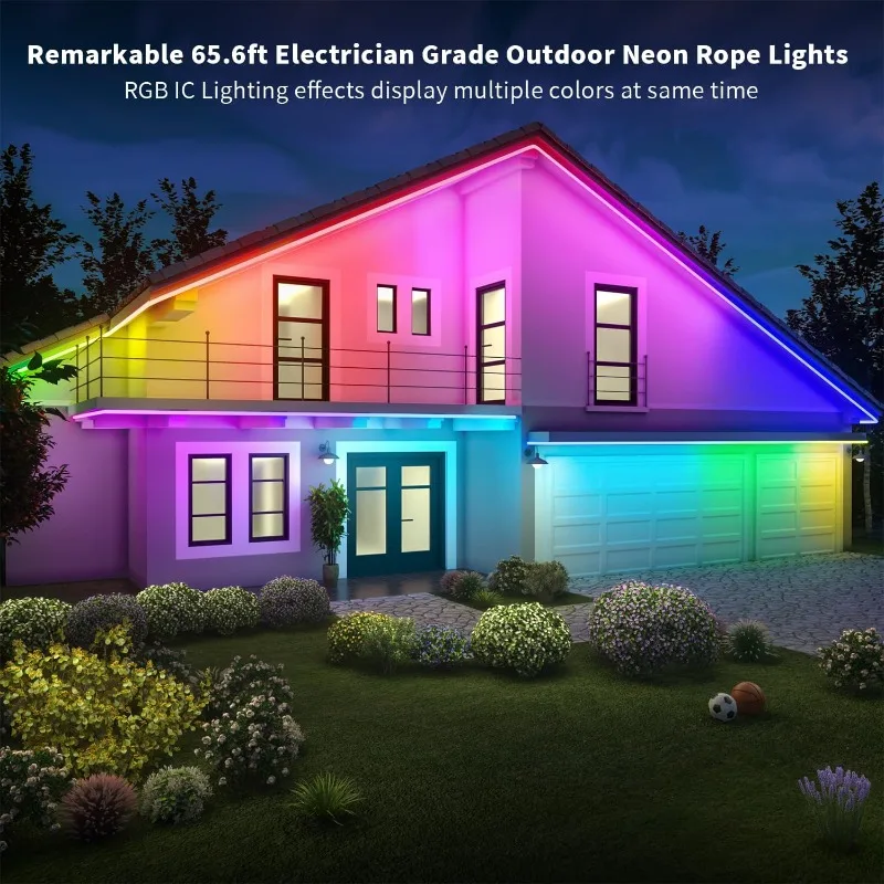 Outdoor Neon Rope Lights,65.6ft RGB-IC IP67 Waterproof LED Rope Lights APP Control Remote,Music Sync,84LEDs/m