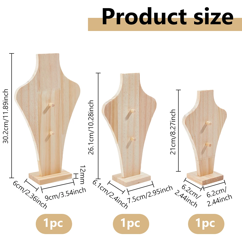 3Pcs Wood Easel Necklace Display Stand Wooden Bust Jewelry Display Portable Bracelets Necklaces Holder Stand With 2 Column