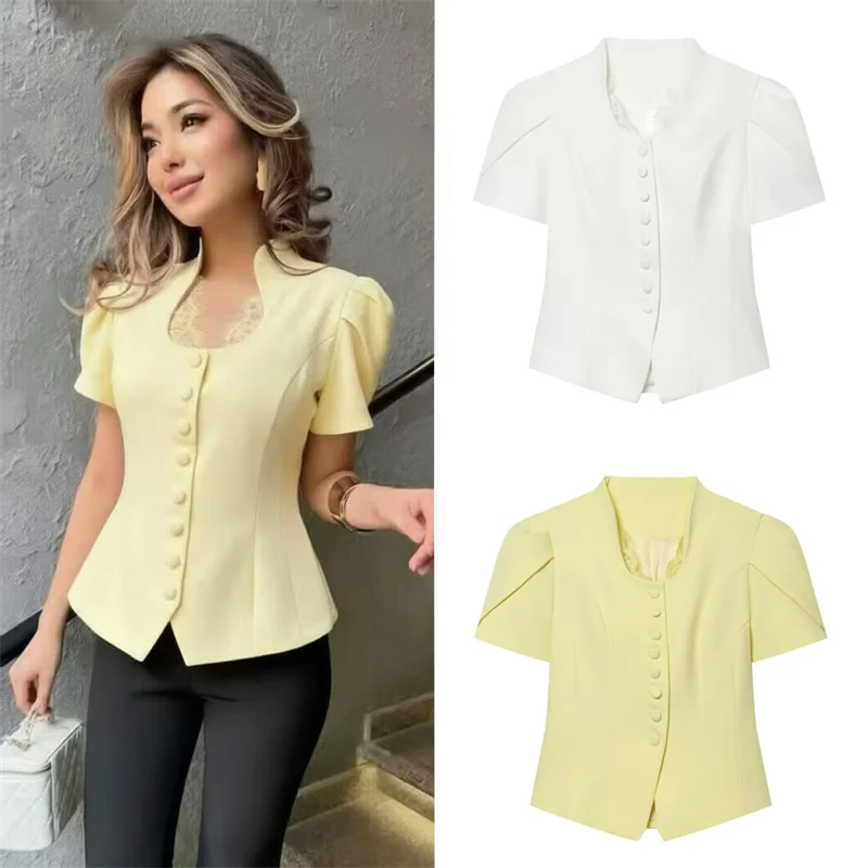 Women's Coat 2026 Summer New Solid Color Short Sleeve Lace Splice Decorative Socialite Style Blazer Elegant and Graceful