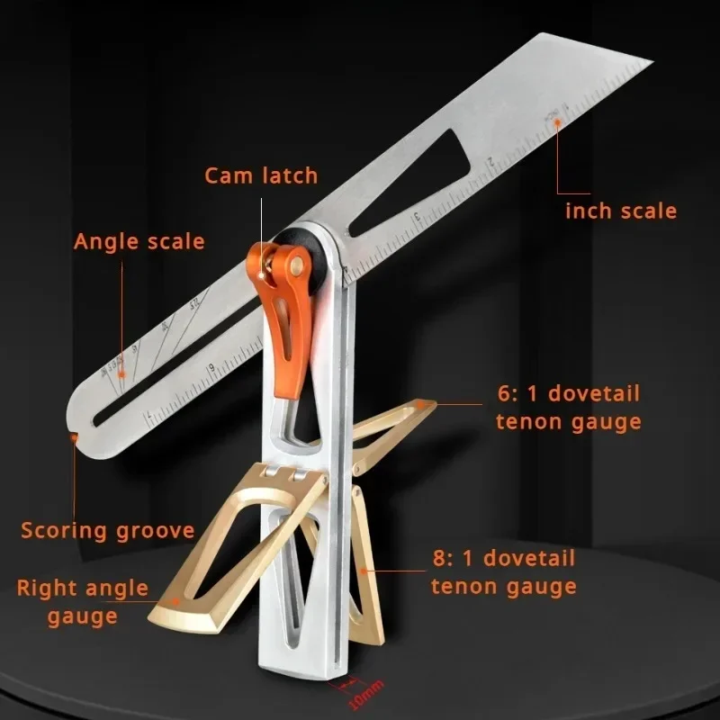 Multifunctional Scriber Ruler 22.5-90 Degree Angle Ruler 8:1/6:1 Dovetail Tenon Gauge Foldable Carpentry Precision Marking Gauge