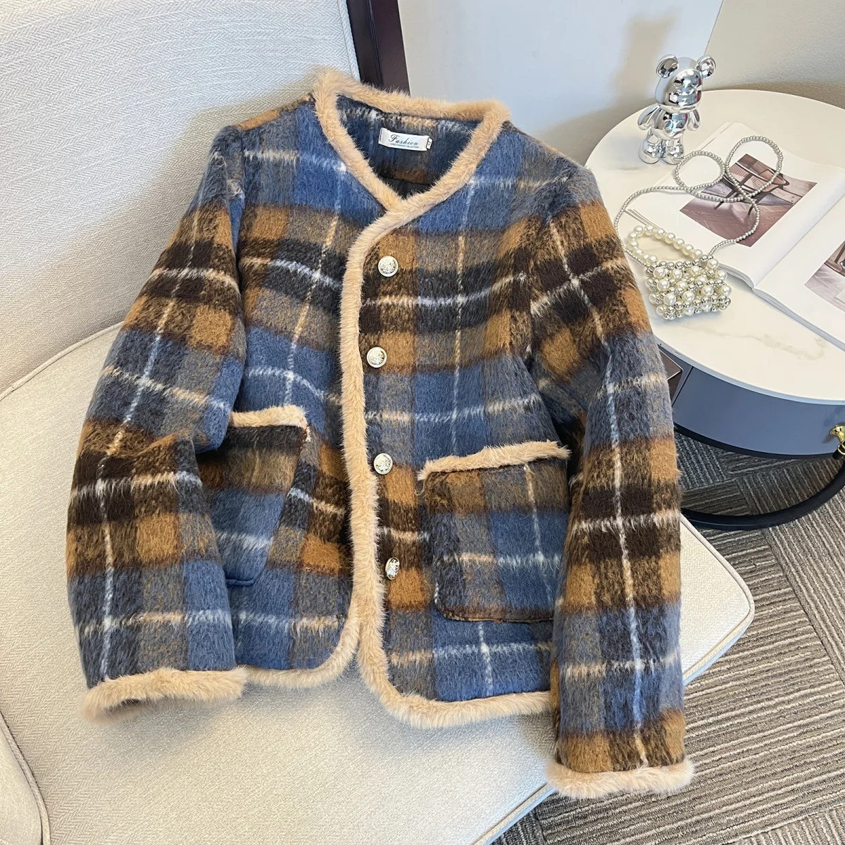 

Jacket Plaid Contrasting Color Fur Edge Small Fragrant Design Korean Style Loose Splicing Plus Velvet Thickened Woolen Coat