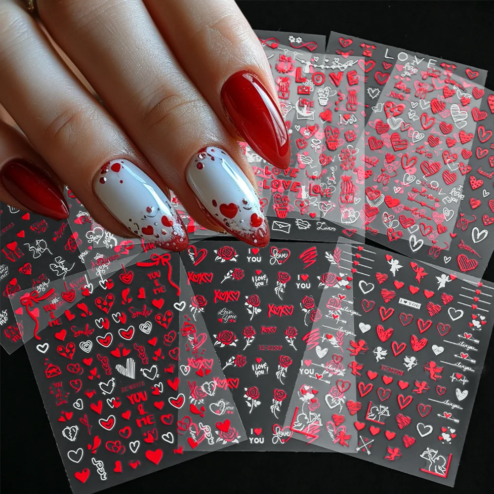 

12pcs Red Heart Lips Rose Valentines Nail Stickers 3D Laser Shiny Sexy Red Lip Love Nail Decals Valentine's Day Letter Nail Deco