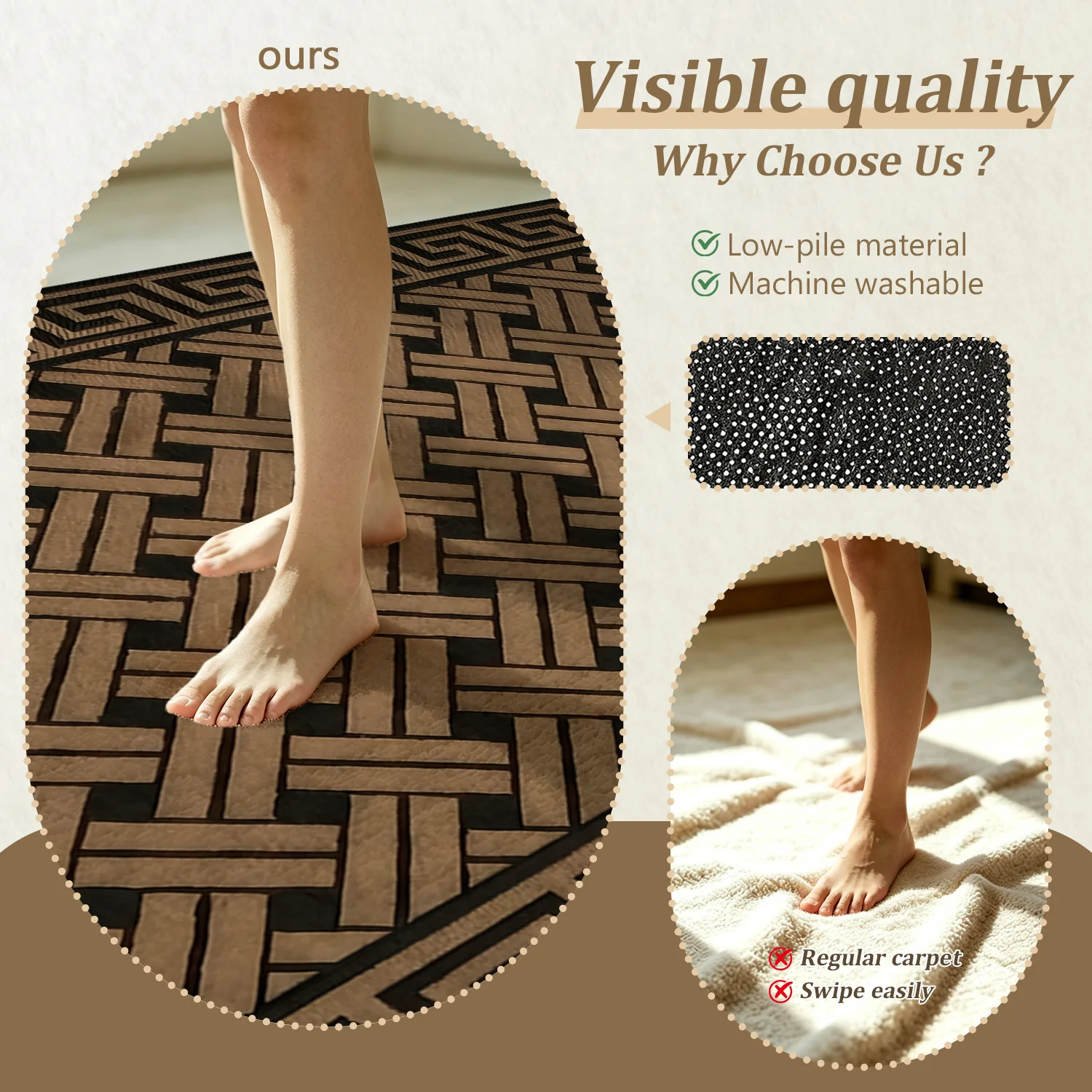 Large Indoor Area Rug, Soft Velvet Low Pile with Non-Slip Dotted Backing, Machine Washable Tan & Black Geometric Greek Key Woven Rug for Living Room, Bedroom, Entryway, Modern Home Decor - view 7