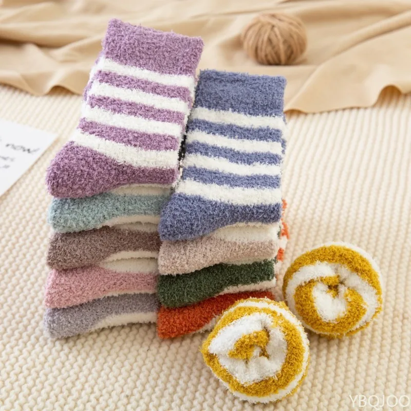 Non Shedding Striped Coral Fleece Socks Children Socks Cross-border Women Slippers Socks Hairy Sleeping Socks Half Flannel Socks