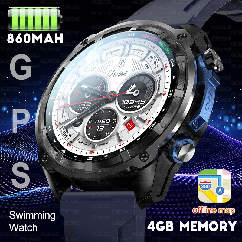 New 860mAh Battery Military GPS Smart Watch Men 4GB Memory Offline Map AMOLED Screen ABC Sensor 5ATM Waterproof Swim SmartWatch