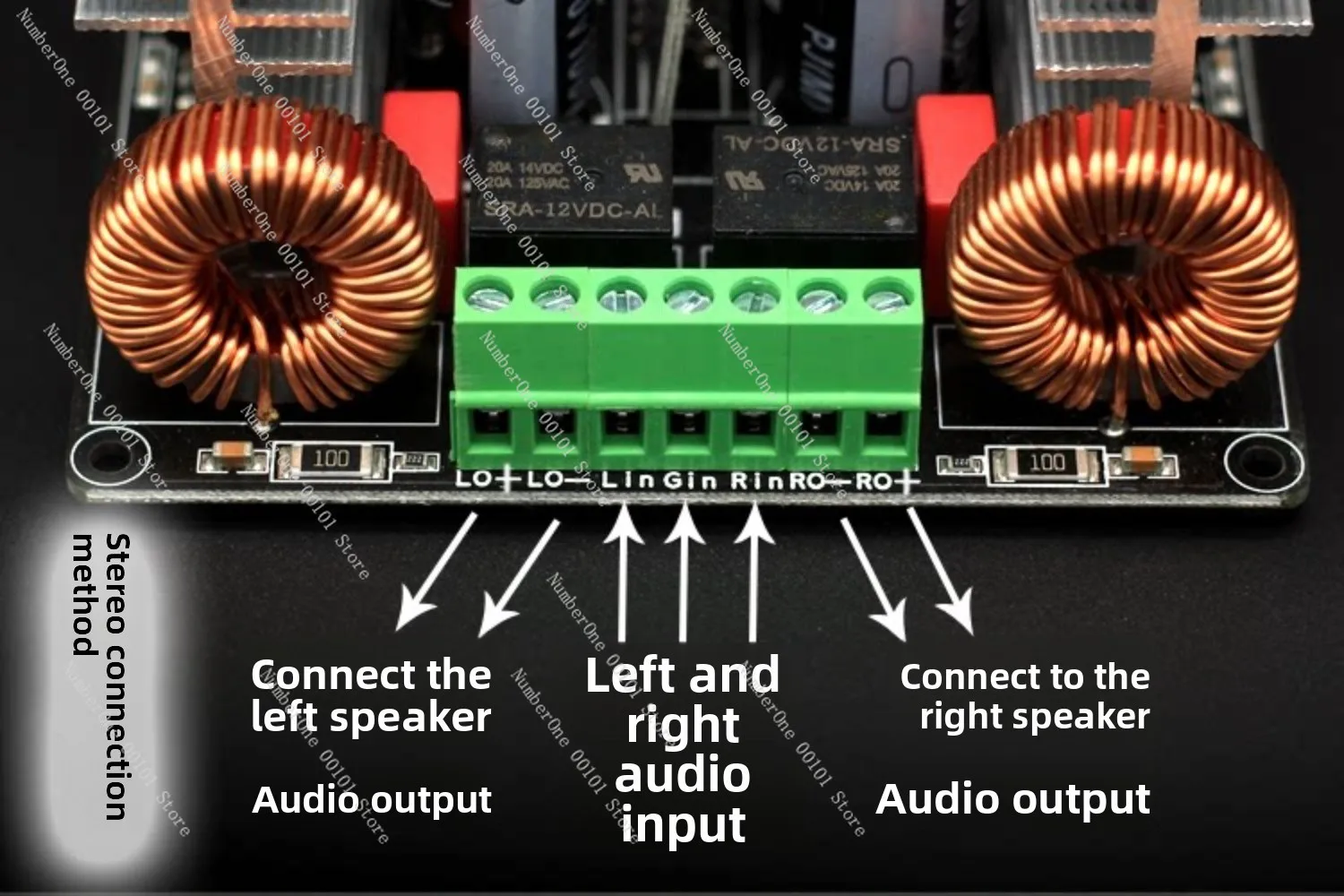 Stereo two-channel digital amplifier board with switching power supply, 2x3456700w bridgable, with speaker protection