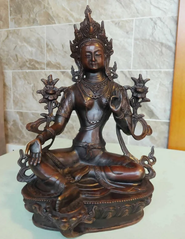 Antique Bronze green tara Buddha Statue Old Temple God Buddhism Kwan-yin Buda