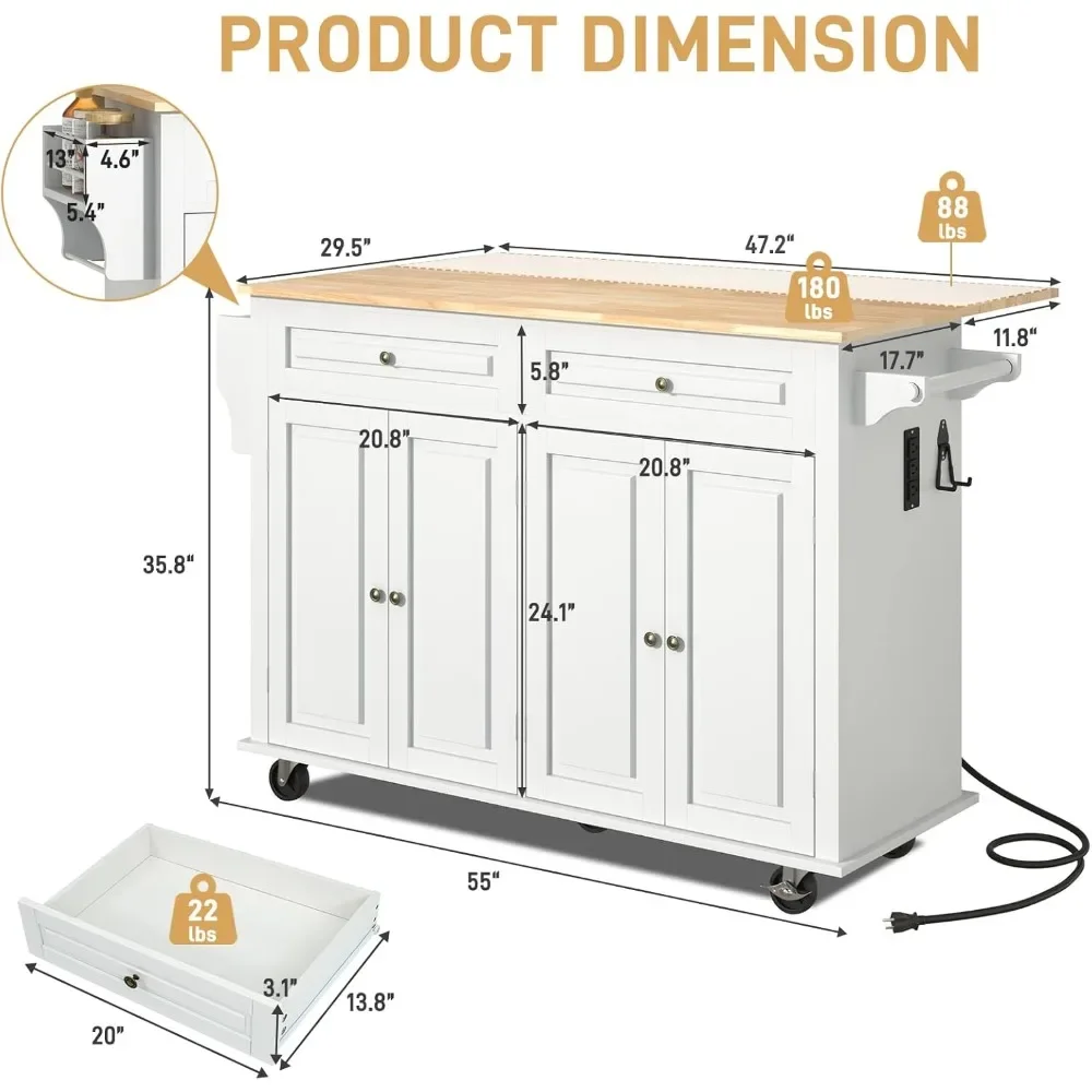 

55" Movable Kitchen Island with Drop Leaf and Power Outlet, Rolling Island Cart w/Storage Cabinet, Island Table on Wheels for Ki
