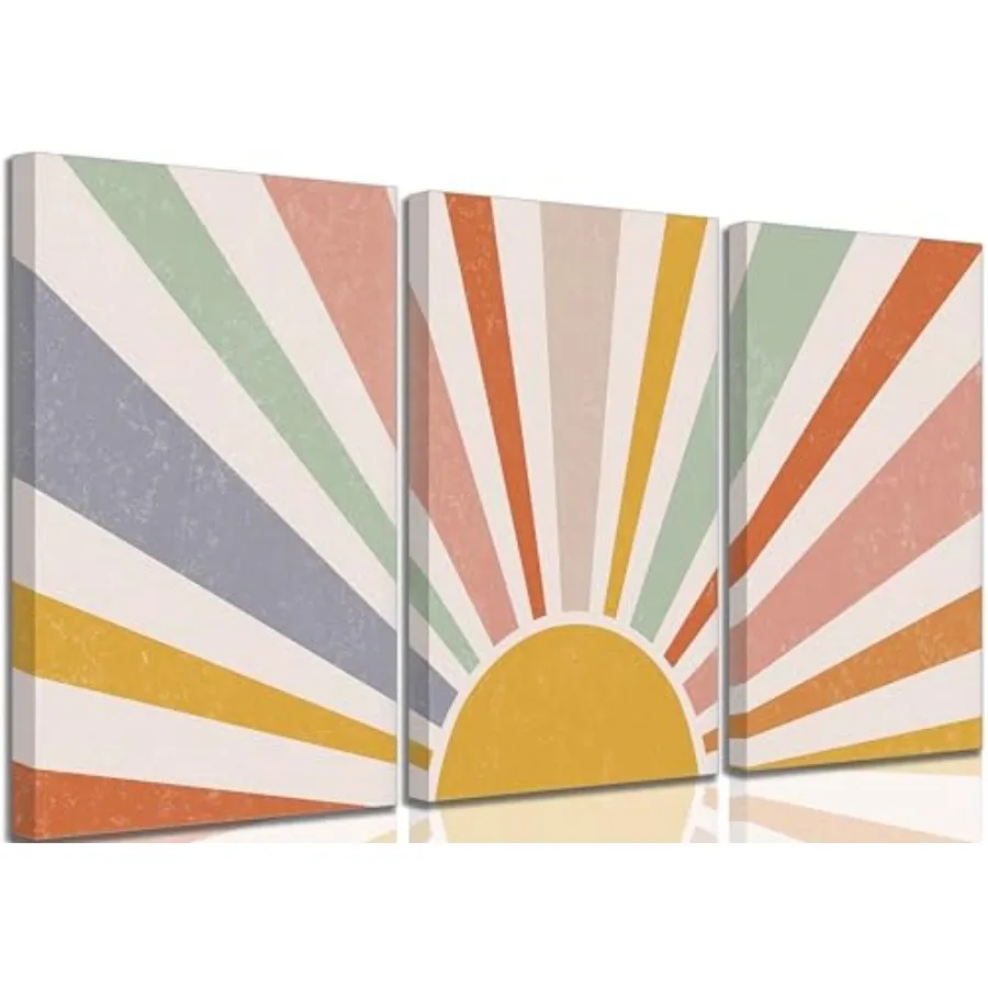 

3 Pieces Nursery Boho Canvas Wall Art Rainbow Sun Rising on the Horizon Geometric Nature Illustration Line Pictures Wall Decor