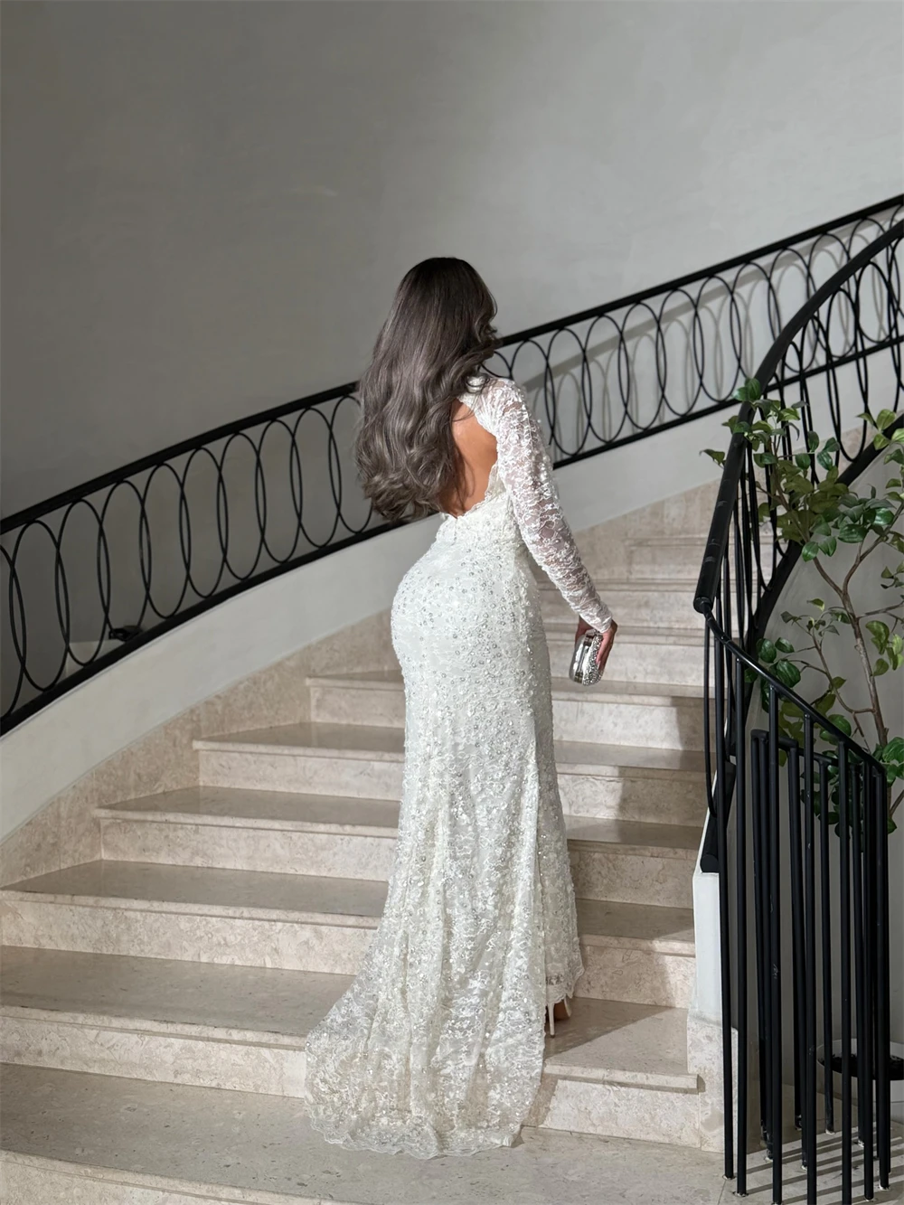 Robe de soirée en dentelle blanche, personnalisée, élégante, col carré, manches longues, robes de soirée, Sexy, sirène, perles, robes de célébrité