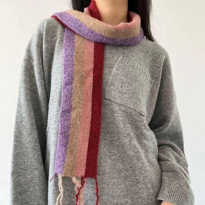 

Female Colorful Knitted Long Scarf Trendy Winter Scarf Women Cashmere Stripe Scarves Thicken Warmer Soft Pashmina Shawls Wraps