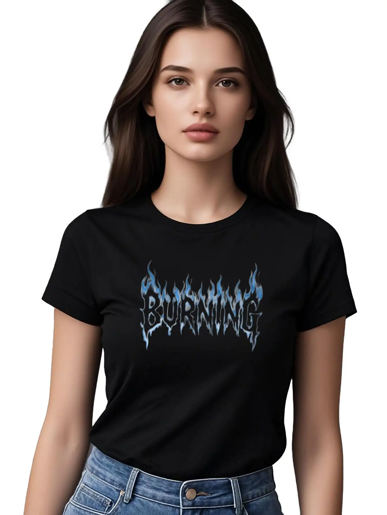

Lady's "burning" 3d Digital Print 180g Cotton T-shirt - Doubleneedle Stitching, Graphic Print Perfect For Summer