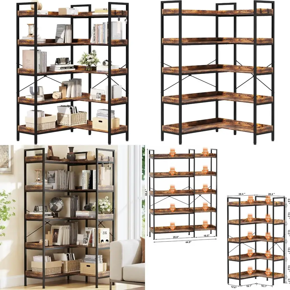 رف كتب زاوية على شكل حرف L من 5 طبقات من Kousei، 65 خزانة كتب من الخشب والمعدن على الطراز الصناعي البني الريفي مع أرفف واسعة و4 خطافات #1