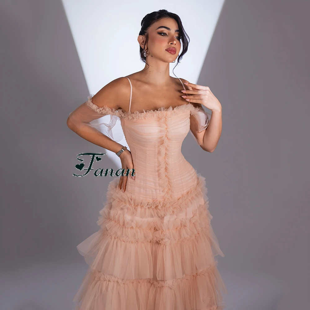 Customized Off the Shoulder Simple Tulle Evening Dress Ruffles Sleeveless A-line Party Dress Straps Backless Floor Length Gowns